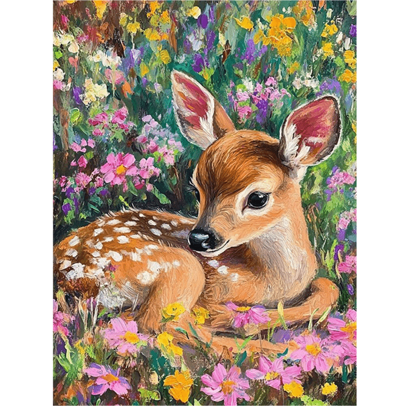 Art Craft Game - ชุดระบายสีตามตัวเลขสำหรับผู้ใหญ่ ผู้เริ่มต้น 40x50 ซม. ภาพวาดกวางน้อยในป่า ดอกไม้