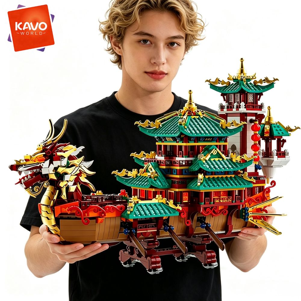 Exhibition Of Art And Craft - KAVOWORLD ชุดตัวต่อเรือมังกร 2453 ชิ้น ชุดประกอบเรือโบราณจีนพร้อมไฟ LED