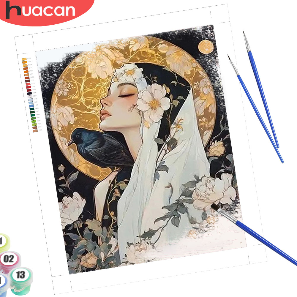 Art Craft Picture - ชุดภาพวาดสีน้ำมัน DIY แบบระบายตามตัวเลข HUACAN ภาพเหมือนหญิงสาว ภาพวาดสีน้ำมัน